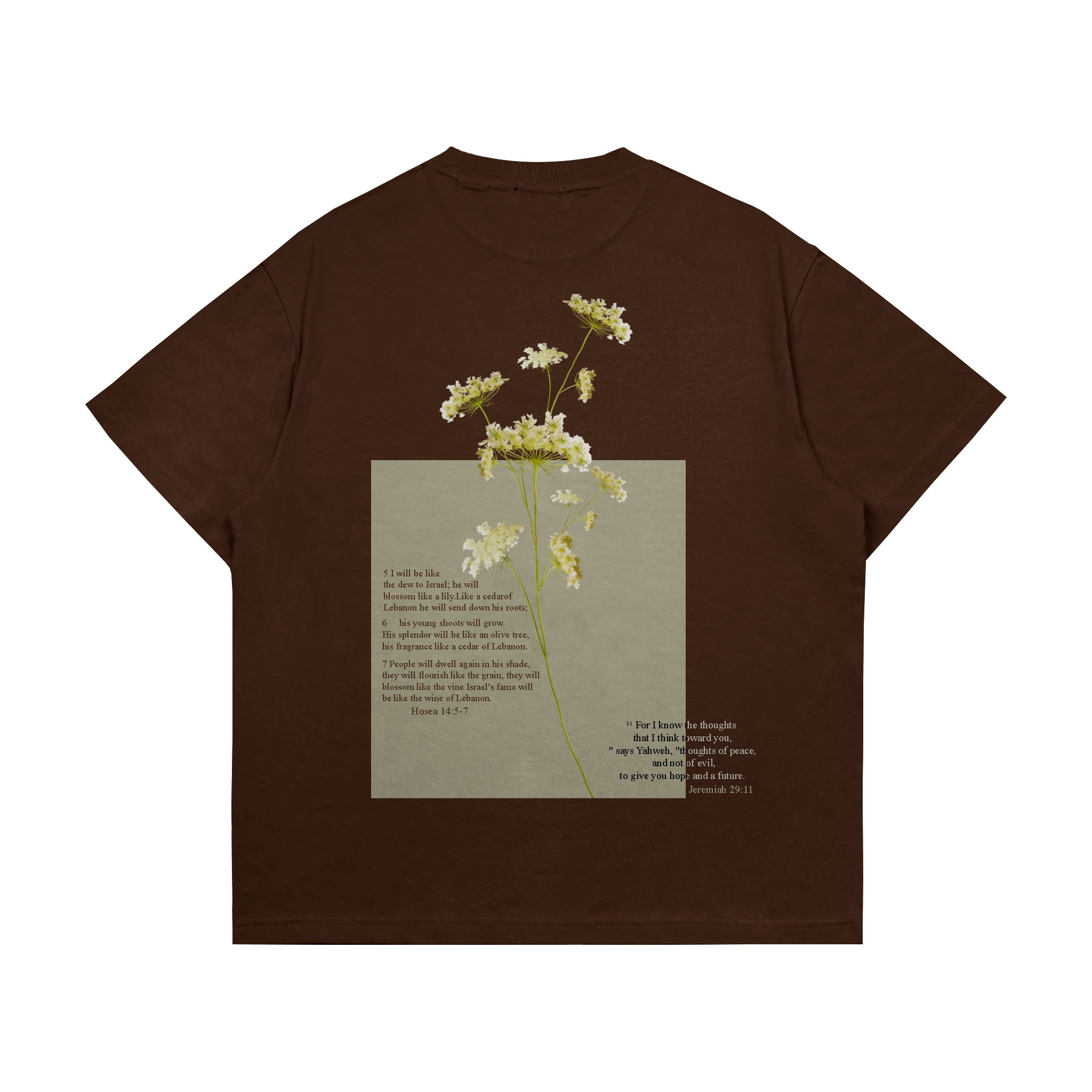 t-shirt-crista-hope-and-future-tras.jpg T-shirt cristã Hope And Future da Odre Studio vista de frente, algodão premium com estampa inspirada em Oséias 14:5-7 e Jeremias 29:11